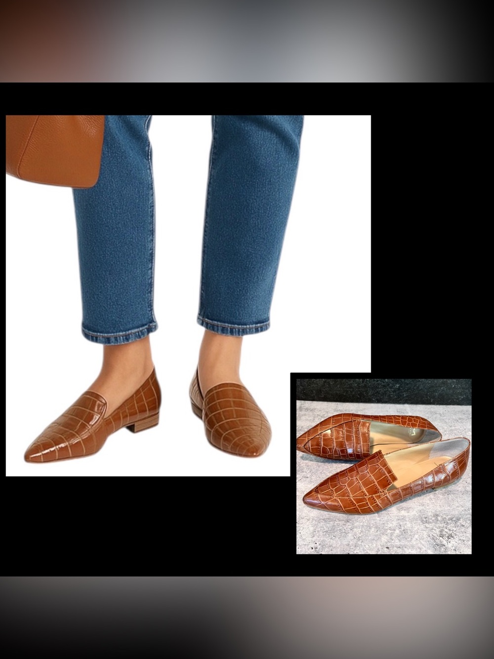Marc Fisher LTD ZURRI Brown Leather Croc Embossed Pointy Toe Shoe Slip On 8.5